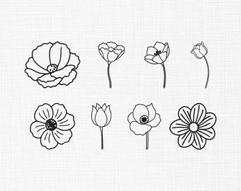 Diseño de bordado de amapola, diseño de bordado a máquina de mini amapola, archivos de diseño de bordado de contorno de silueta de flor de amapola, 6 tamaños