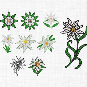 Puede incluir: Diseños bordados de flores de edelweiss. Las flores tienen pétalos blancos, centros amarillos y hojas verdes. Algunos diseños están delineados en negro, mientras que otros están llenos de color. Sobre un fondo blanco.
