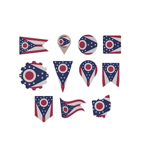 Puede incluir: Una colección de once iconos con el diseño de la bandera del estado de Ohio en varias formas, incluyendo banderines, círculos, cuadrados, un engranaje, un contorno de mapa y marcadores, todos con el patrón de estrellas y rayas.