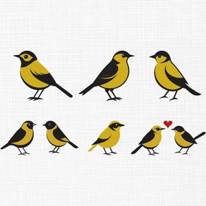 May include: A collection of stylized illustrations of yellow and black birds in various poses. Some birds are facing each other, and one pair has a small red heart between them. The birds are set against a white background.