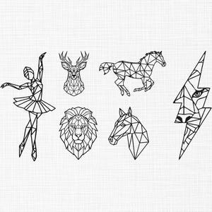 May include: Black geometric line art illustrations of a ballerina, deer head, running horse, lion head, horse head, and a lightning bolt with an animal face. The designs are on a white background.