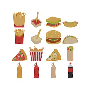 Może przedstawiać: Ilustracja różnych produktów fast food: frytki, sosy, kanapka, hot dog, hamburger, taco, kawałki pizzy, smażony kurczak, burrito oraz butelki ketchupu, musztardy i napoju gazowanego.
