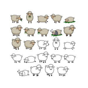 Puede incluir: Una colección de ilustraciones de ovejas de dibujos animados en varias poses. Algunas ovejas están coloreadas en tonos beige y marrón, mientras que otras están delineadas en blanco y negro. Varias ovejas están comiendo hierba y algunas están durmiendo.