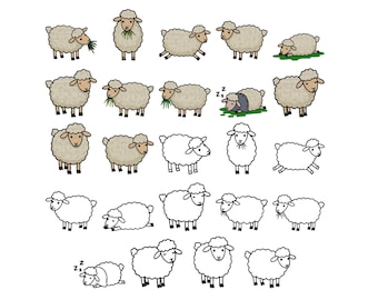 Diseño de bordado de ovejas, contorno de oveja para bordado, diseño de bordado de animales de granja, archivos de diseño de bordado a máquina de cordero, 6 tamaños