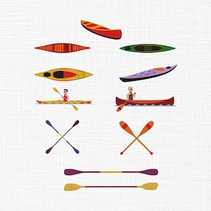May include: An illustration of various kayaks and canoes in red, yellow, green, and purple. The image also includes crossed paddles and individual paddles in different colors. A person is depicted in two of the kayaks.