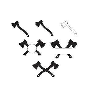 May include: A collection of black axe illustrations in various designs. The image includes single axes, crossed axes, and axes with circular or rectangular spaces for personalization. All designs are set against a white background.