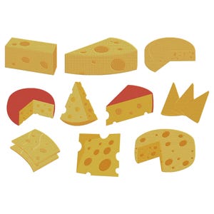 May include: A collection of various cheese shapes, including cubes, wedges, and slices, in shades of yellow and orange. Some pieces have holes, and one has a red rind. The image is a flat illustration on a white background.