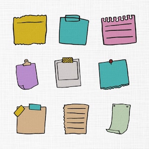 May include: Nine colorful, hand-drawn sticky notes in various shapes and sizes. The notes are yellow, teal, pink, purple, tan, and green, with black outlines. Some are taped, clipped, or pinned, suggesting a theme of organization and reminders.