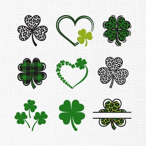 May include: Nine St. Patrick's Day themed designs featuring shamrocks and hearts. Designs include a leopard print shamrock, a green heart with a shamrock, and a green and black plaid shamrock. Perfect for crafts and decorations.