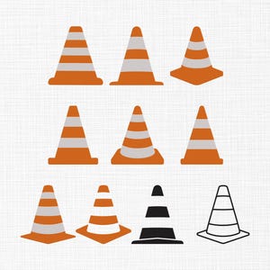 Op de afbeelding: Negen oranje en witte verkeerskegels in verschillende ontwerpen. Sommige kegels hebben witte strepen, terwijl andere effen oranje of zwart zijn. Eén kegel is een omtrek.