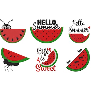 こんにちは、夏の刺繍デザイン、夏の格言刺繍デザイン、スイカの刺繍、アリとスイカ、ミシン刺繍、5サイズ