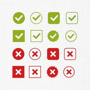 May include: A collection of green check marks and red X marks in various shapes, including circles, squares, and starbursts. The check marks are in solid and outlined styles, while the X marks are solid and outlined.