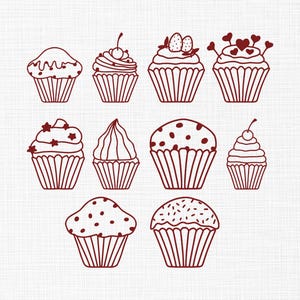 Puede incluir: Una colección de diez cupcakes dibujados a trazos, de color marrón, con diferentes coberturas. Los pasteles, sobre un fondo blanco, presentan cerezas, fresas y chispas. Cada cupcake está decorado de forma única.