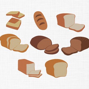 Puede incluir: Ilustración de varios tipos de pan, incluyendo hogazas rebanadas, hogazas enteras y panecillos. El pan está representado en tonos marrones y beige, con texturas y formas detalladas. La imagen está sobre un fondo blanco.