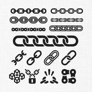 May include: A selection of black chain illustrations in various styles. The image shows different chain link designs, including classic oval links, bicycle chains, and stylized chain patterns. The designs are presented against a white background.