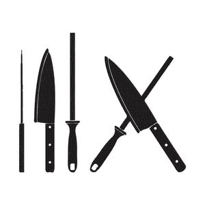Könnte beinhalten: Schwarz-Weiß-Illustration verschiedener Küchenmesser und Schärfwerkzeuge. Das Bild zeigt ein Schälmesser, ein Kochmesser, einen Wetzstahl und zwei gekreuzte Messer, alle im minimalistischen Stil.