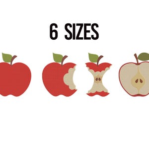 Könnte beinhalten: Vier rote Apfeldesigns mit grünen Blättern, darunter ein ganzer Apfel, ein teilweise gegessener Apfel, ein Apfelkern und ein Querschnitt eines Apfels. Der Text "6 SIZES" wird in fetter, schwarzer Schrift über den Apfelillustrationen angezeigt.