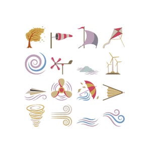 May include: A collection of embroidered weather-related icons on a white background. The icons include a tree with blowing leaves, a windsock, a sailboat, a kite, a spiral, a wind vane, clouds, wind turbines, a paper airplane, a propeller, an umbrella, and a bellows.