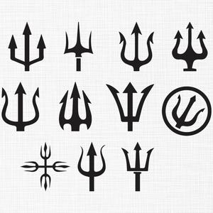May include: A collection of ten black trident designs, each with a unique shape and style. The tridents are displayed against a textured, off-white background. The designs vary from simple three-pronged forks to more elaborate, stylized versions.