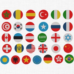 Pode incluir: Uma coleção de ilustrações circulares e coloridas de várias bandeiras nacionais. As bandeiras são retratadas em um estilo gráfico simples, cada uma dentro de um círculo. As bandeiras representam países de todo o mundo, incluindo Portugal, Brasil e China.
