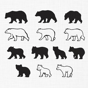 May include: A collection of black and white bear silhouettes in various poses. The bears are depicted in solid black and outlined in white, creating a simple yet striking design. The image has a clean, minimalist aesthetic.