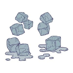 May include: Illustration of several blue ice cubes, some melting. The cubes are depicted with a textured, hand-drawn style, with some cubes appearing to be floating or stacked. The melting ice forms puddles.