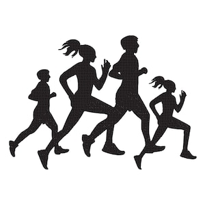 May include: Black silhouette of a family running together. The image shows two adults and two children in motion, with arms and legs extended as they run. The figures are set against a white background.