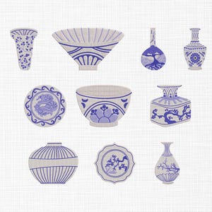 May include: A collection of blue and white porcelain designs, including vases, bowls, and plates. The illustrations feature intricate patterns and floral motifs, showcasing a classic aesthetic. The objects are set against a neutral background.