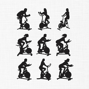 Puede incluir: Siluetas negras de personas en bicicletas estáticas. La imagen muestra nueve figuras en diferentes posiciones de ciclismo, todas usando bicicletas estáticas. Las bicicletas están claramente definidas y las figuras están en movimiento, lo que sugiere un tema de fitness o ejercicio.