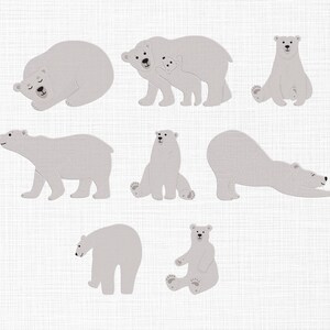 May include: A collection of light gray polar bear cutouts in various poses. One bear is sleeping, another is with a cub, and others are sitting, standing, or stretching. The bears have textured surfaces and are set against a white background.