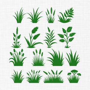 May include: A collection of green plant silhouettes, including various types of grass, leaves, and flowering stems. The designs are simple and suitable for digital art or craft projects. The plants are arranged on a white background.