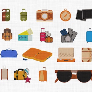 May include: A collection of travel-themed illustrations. Includes a camera, luggage, a compass, a backpack, tickets, a suitcase, a duffel bag, sunglasses, and a starfish. The color palette features shades of brown, orange, blue, and green.