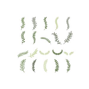 May include: A collection of hand-drawn botanical illustrations featuring various leaf and branch designs in shades of green. The illustrations are arranged on a white background, showcasing a variety of shapes and styles, perfect for digital art or crafting projects.