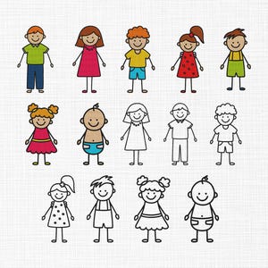 May include: A collection of colorful stick figure illustrations of children. The figures are depicted with smiling faces and simple clothing, including dresses, shorts, and shirts. Some figures are in color, while others are outlined in black.