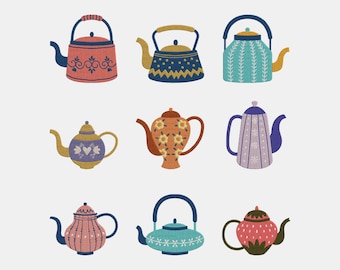 Diseño de bordado de tetera ornamentada, bordado a máquina de tetera floral vintage, estética de cocina rústica (archivos PES DST), 6 tamaños.