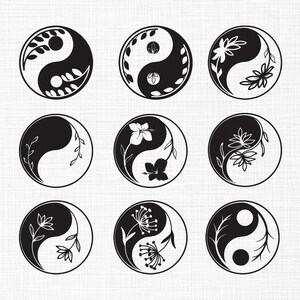 Könnte beinhalten: Neun schwarz-weiße Yin-Yang-Symbole mit floralen und Blattmotiven. Jedes Symbol ist ein Kreis, der in zwei Hälften geteilt ist, eine schwarze und eine weiße, mit einem kleineren Kreis in jeder Hälfte. Die Designs umfassen Blätter, Blumen und andere botanische Elemente.