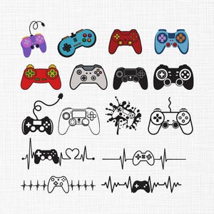 Puede incluir: Una colección de mandos de videojuegos coloridos y en blanco y negro. Los mandos son de varios colores, incluyendo rojo, azul y morado. Algunos mandos tienen un diseño con cable, mientras que otros son inalámbricos. La imagen también incluye gráficos de latidos del corazón con temática de mandos.