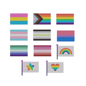 Op de afbeelding: Een verzameling geborduurde vlaggen, die elk verschillende LGBTQ+-identiteiten vertegenwoordigen. De vlaggen tonen verschillende kleurenschema's, waaronder regenboog, roze, blauw en bruin. Sommige vlaggen hebben symbolen zoals een regenboog, ster en hart.