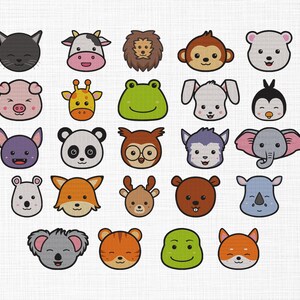 以下が含まれることがあります： 24種類の漫画の動物の顔のコレクション。それぞれがユニークな表情とカラーパレットを持っています。セットには、猫、牛、ライオン、猿、クマ、豚、キリン、カエル、ウサギ、ペンギン、コウモリ、パンダ、フクロウ、オオカミ、ゾウ、ネズミ、キツネ、シカ、クマ、サイ、コアラ、トラ、そして他の2つの笑顔の顔が含まれています。