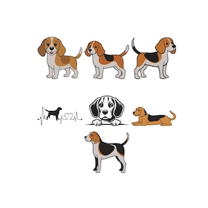 Pode incluir: Ilustrações de cães beagle em várias poses. Os cães são retratados em marrom, preto e branco, alguns em pé, sentados ou deitados. Um gráfico de batimento cardíaco e um rosto de beagle também estão incluídos.