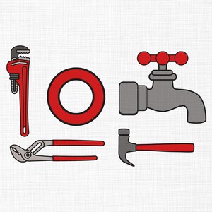 May include: A collection of illustrated tools, including a red pipe wrench, a red circular gasket, a gray faucet with a red handle, a pair of pliers with red handles, and a hammer with a red handle.