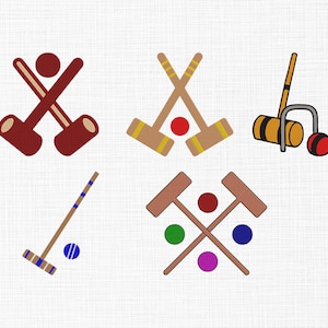 May include: A collection of illustrated croquet equipment, including mallets, balls, and a wicket. The mallets are depicted in various styles and colors, with red, green, blue, and purple balls. The design is set against a white background.