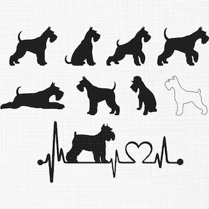Könnte beinhalten: Eine Sammlung schwarzer Schnauzer-Hund-Silhouetten in verschiedenen Posen. Das Bild enthält eine Herzschlag-Grafik mit einem Schnauzer und einer Herzform, alles in Schwarz auf weißem Hintergrund.