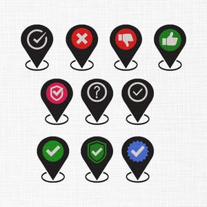 May include: A collection of black location pin icons with various symbols. Icons include check marks, an X, a thumbs-up, a thumbs-down, a question mark, and a shield with a check mark.