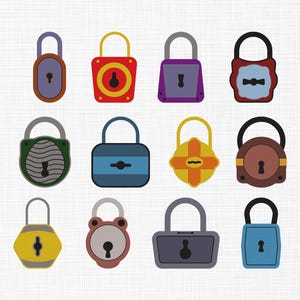 May include: A collection of twelve colorful padlocks in various shapes and designs. The padlocks feature a range of colors, including red, blue, yellow, green, and brown, with keyholes and arched handles. The image has a simple, graphic style.