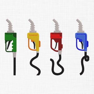 May include: Four colorful gas pump nozzles in green, yellow, red, and blue. Each nozzle has a silver spout and a black hose. The nozzles are embroidered on a white background.