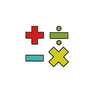 May include: A graphic design featuring four mathematical symbols arranged in a square. A red plus sign, a green division sign, a teal minus sign, and a yellow multiplication sign are all outlined in black against a plain white background.