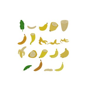 Puede incluir: Una colección de veintiuna ilustraciones que muestran varias bananas amarillas en diferentes estados, incluyendo bananas enteras, peladas, segmentos de banana en rodajas, cáscaras de banana y dos hojas de banano verdes en cuadrícula.