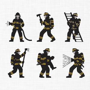 May include: A collection of six black and yellow firefighter silhouettes in various action poses. One firefighter holds a hose, another an axe, and a third carries a ladder. The others are carrying a person, and using an axe and a hose.