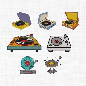 May include: A collection of colorful, cartoon-style illustrations of record players. The turntables vary in design, with open and closed lids, and different color schemes including yellow, blue, and orange. Some have visible records and musical notes.
